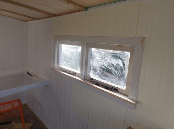 Gilligan Street Palmerston Renovation of an old horse float into a caravan, inside looking out the new double window with new architraves and sill installed JDBuilders 3