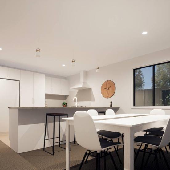 3 Hereford Duplex Clever Living Homes View of the lounge room with the kitchen in the background JDBuilders