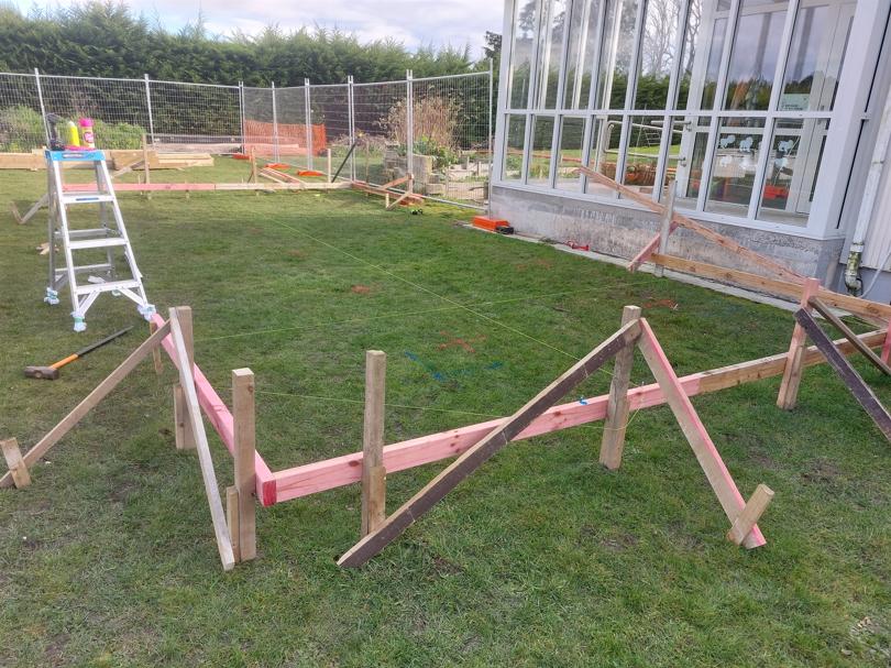 2 Totara Primary School Oamaru Batter boards on piles lifted to height required with strings lines marking out where piles needed JDBuilders