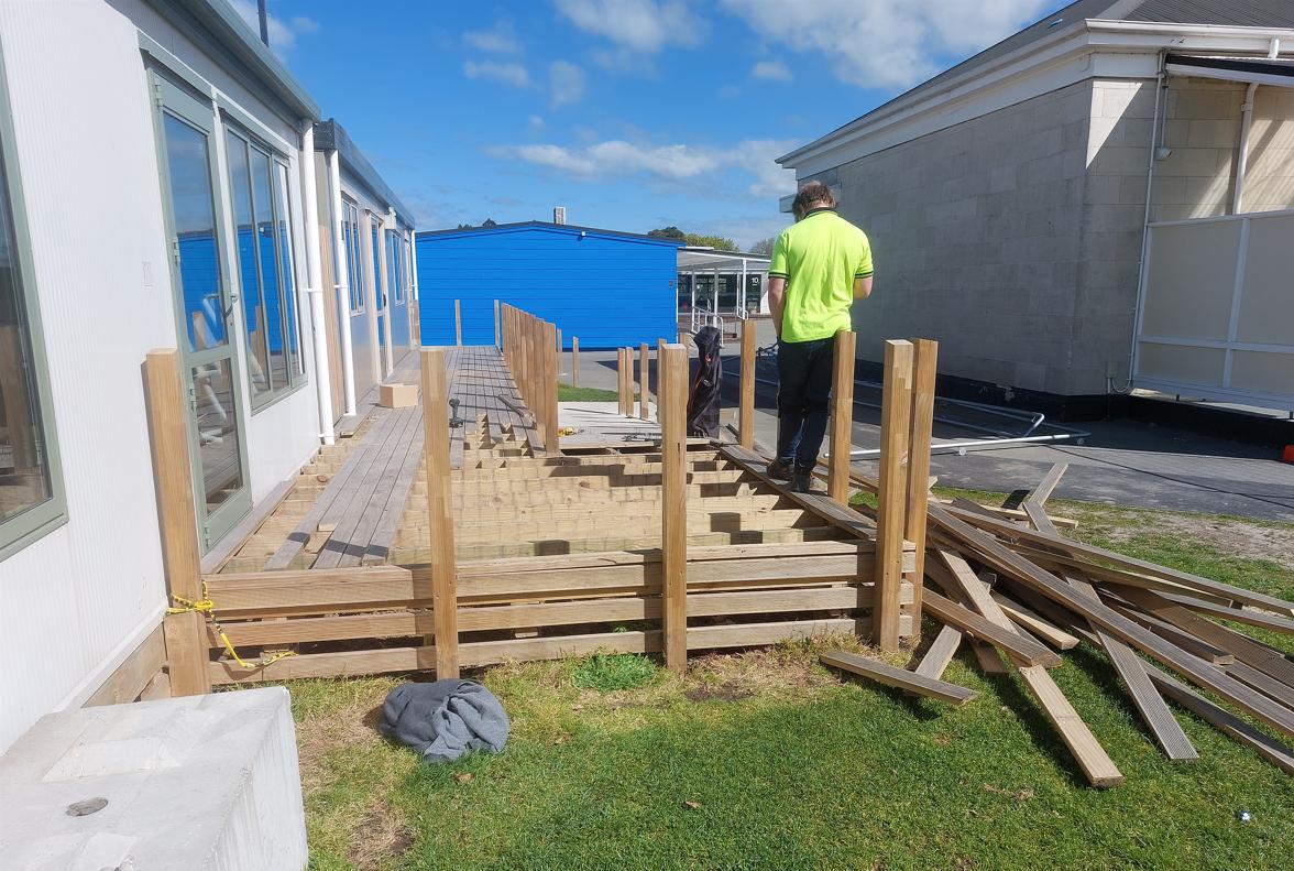 12 Fenwick Primary School, Oamaru Removal of decking in progress JDBuilders