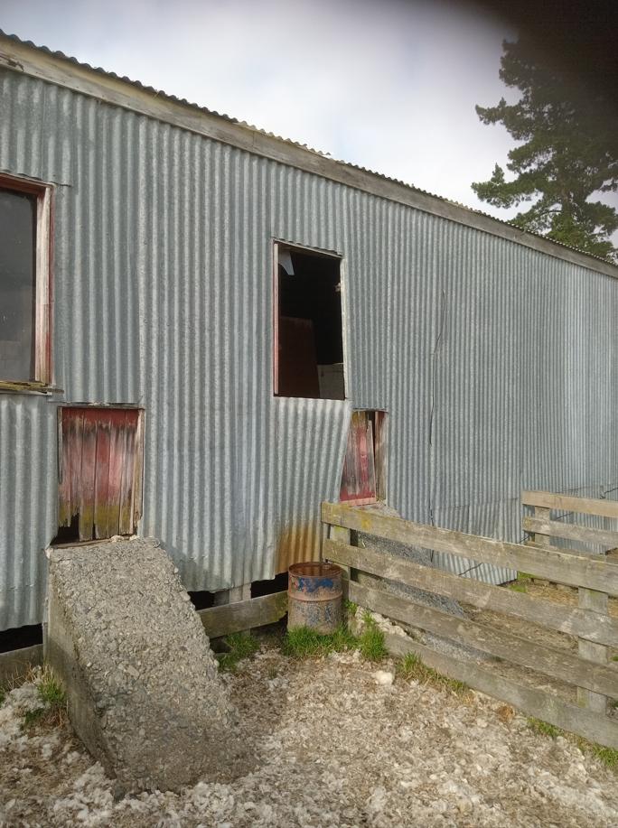 12 2866 Herbert Hampden Road, Waitaki Exterior view of shearing shed where damaged stud needs to be replaced due to storm damage JDBuilders