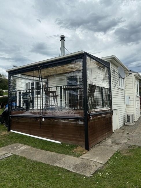 Main 13 Solway Street Oamaru, Completion of new roofing over the deck with SolarSafe roofing and outdoor Patio Clear PVC Blinds JDBuilders